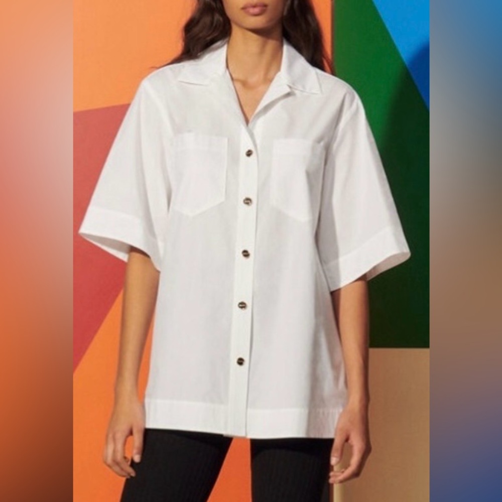 Sandro Oversized Cotton White Short Sleeve Button-Down Shirt / Tunic Size 0-S - Picture 16 of 16